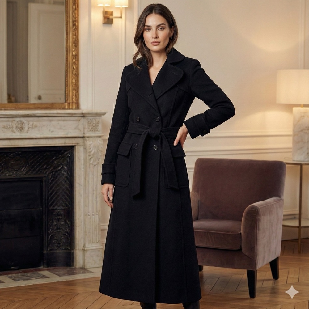 RK Pure Virgin Wool 80% Cashmere and Wool Blend Elegant Black Long Coat